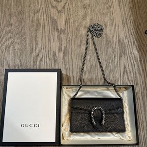 100% AUTH GUCCI Dionysus super mini textured calf leather shoulder bag black